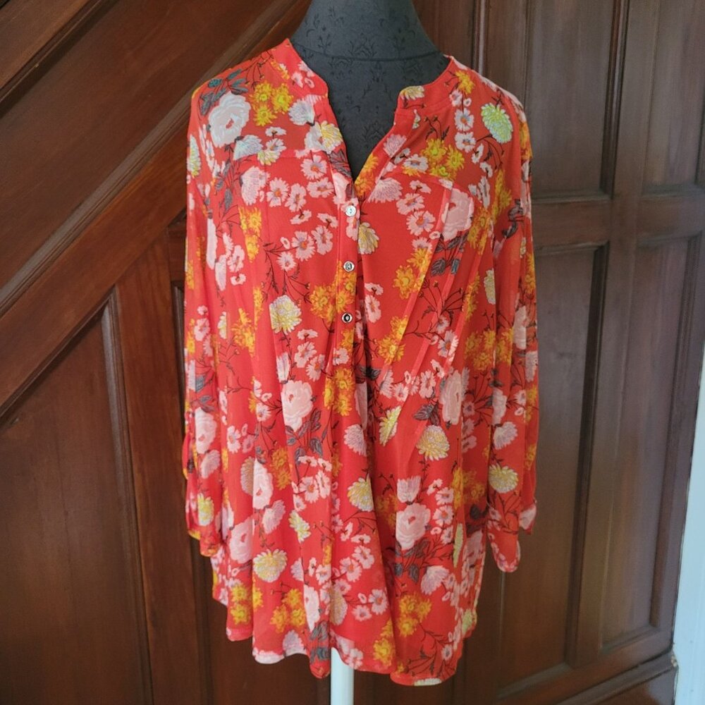 Cocomo Womens Floral Long Sleeve Blouse 1X Orange Yellow Pink Button-Front Top